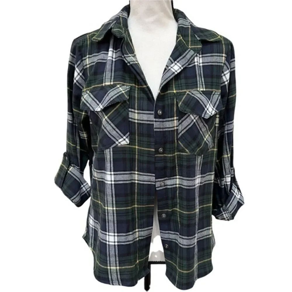 Sam Edelman Womens XS Green Plaid Zipper Shoulders Detail Long Sleeve Blouse